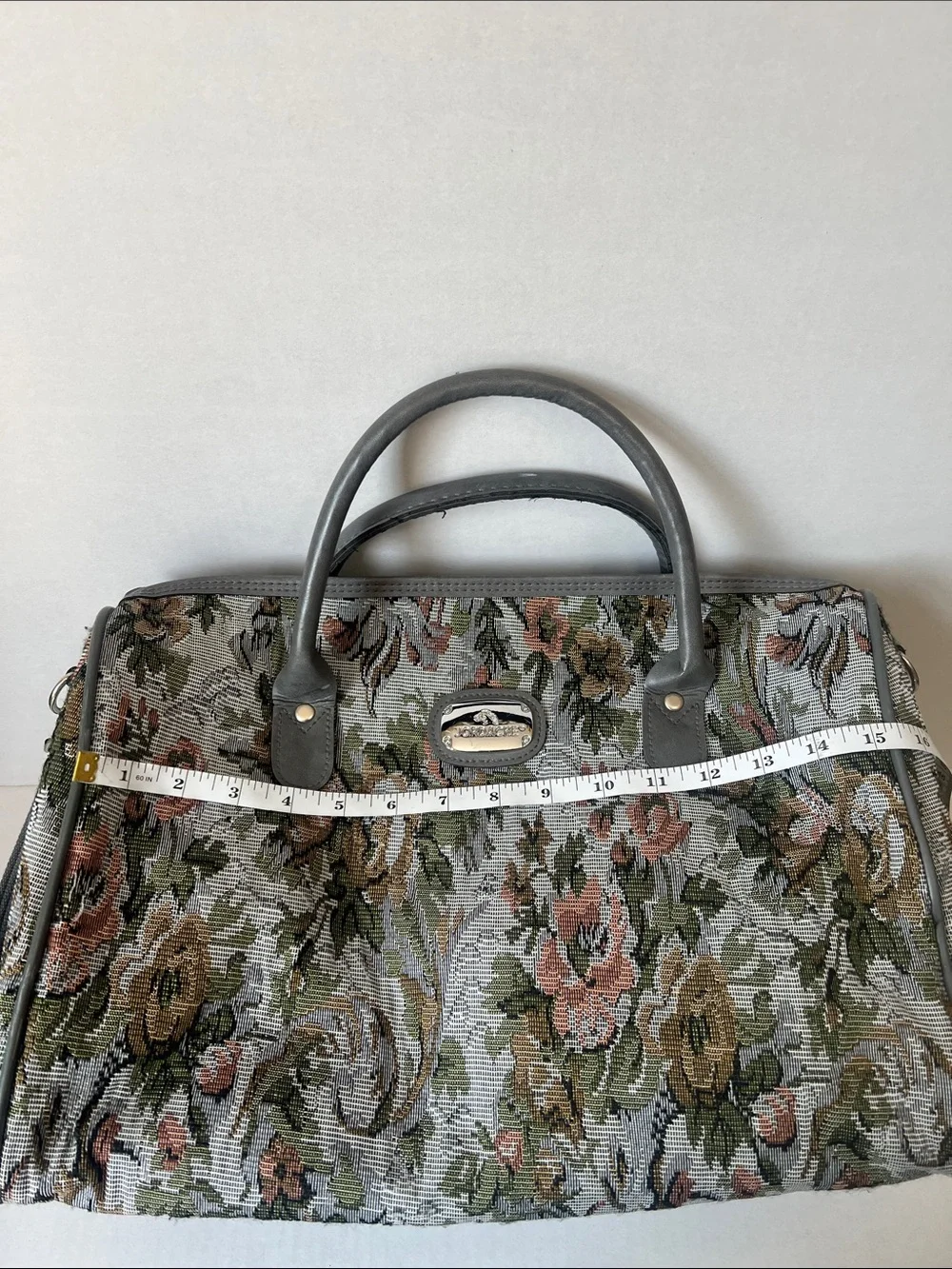 Vintage Jordache Floral Tapestry Duffel Bag in Gray with Pink and Olive Accents